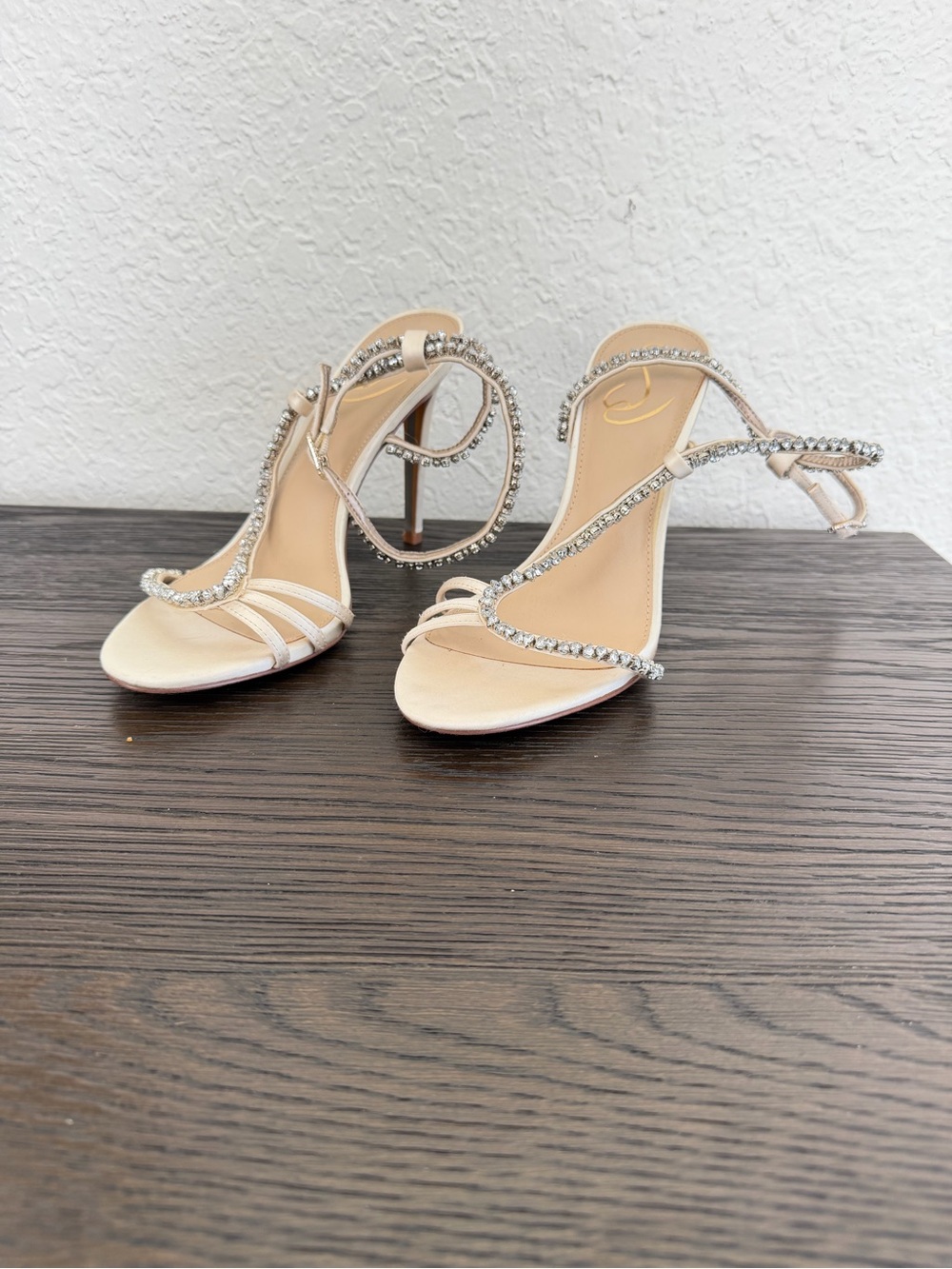 Sam Edelman Granger Heel in Pearl Ivory Satin with Rhinestone ankle straps.